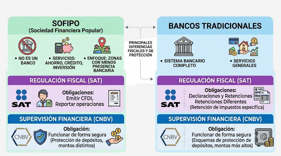 Comparativa visual entre estructura regulatoria de Sofipos y bancos tradicionales ante SAT y CNBV 