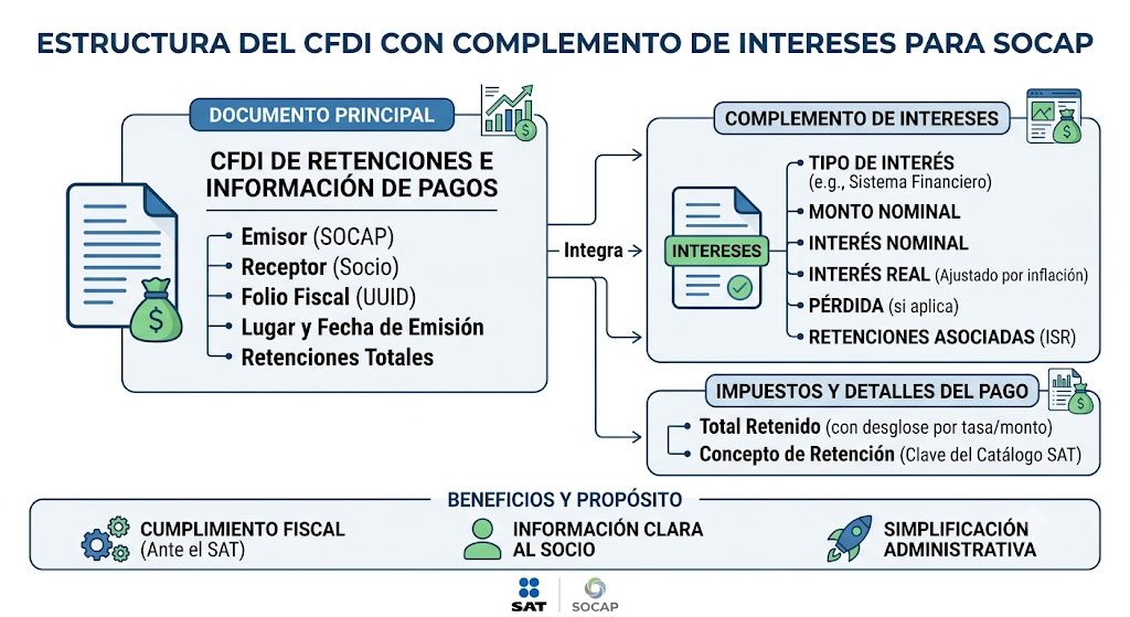 Ejemplo de estructura del complemento de intereses en un CFDI emitido por una SOCAP en México