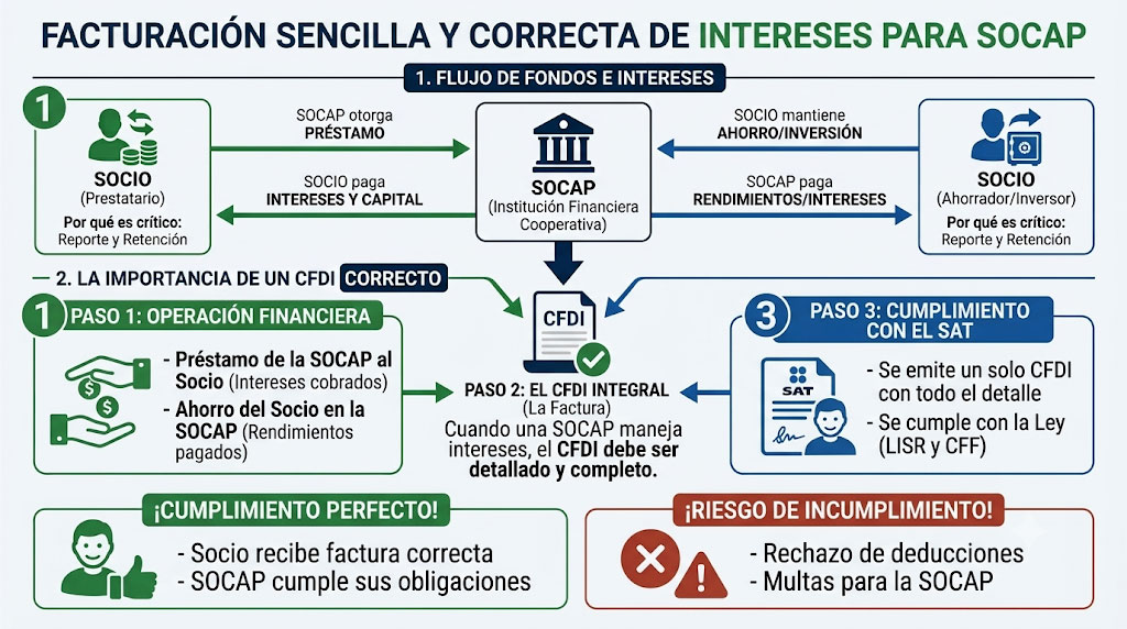 Flujo de intereses y retenciones entre una SOCAP y sus socios